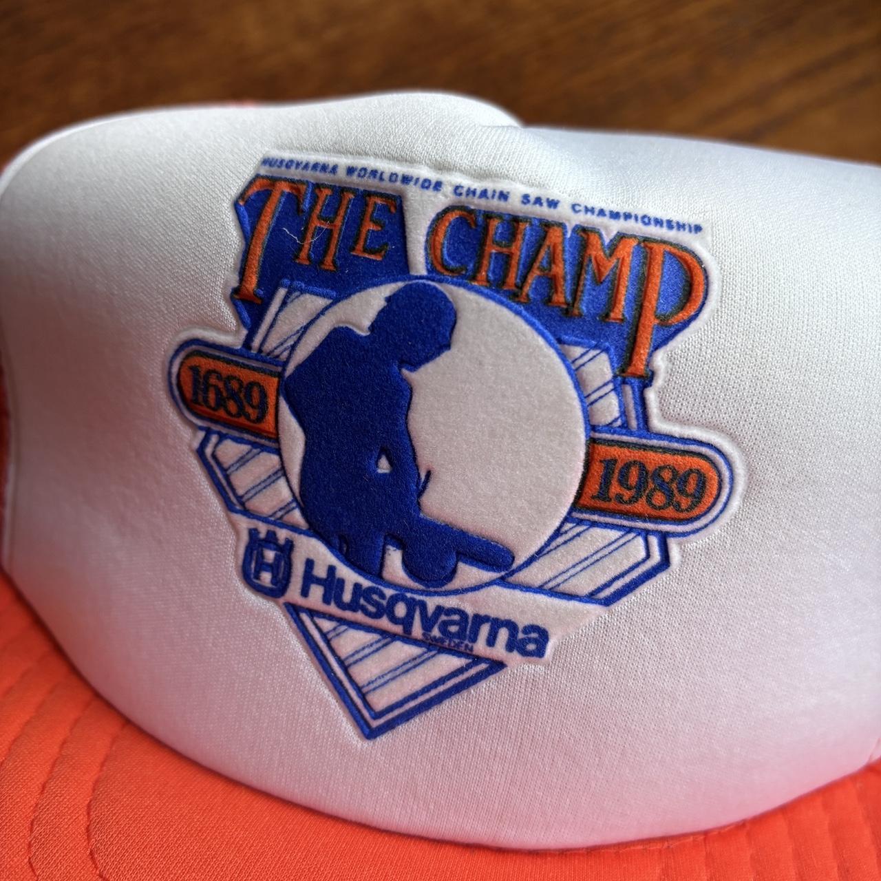 Vintage 80s chainsaw world championships Husqvarna Sweden graphic trucker cap