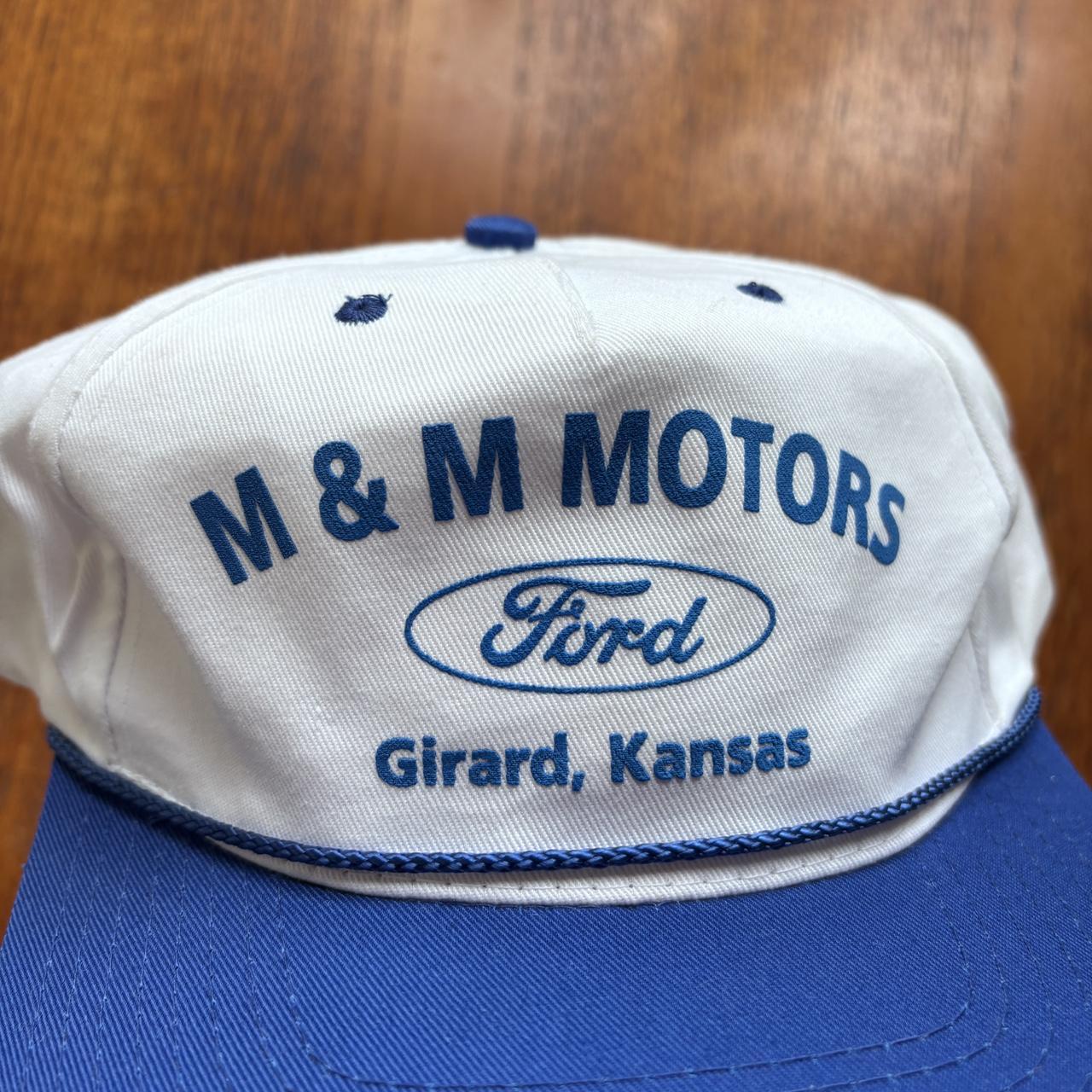 Vintage 90s USA M & M Motors Ford dealership Kansas graphic trucker cap