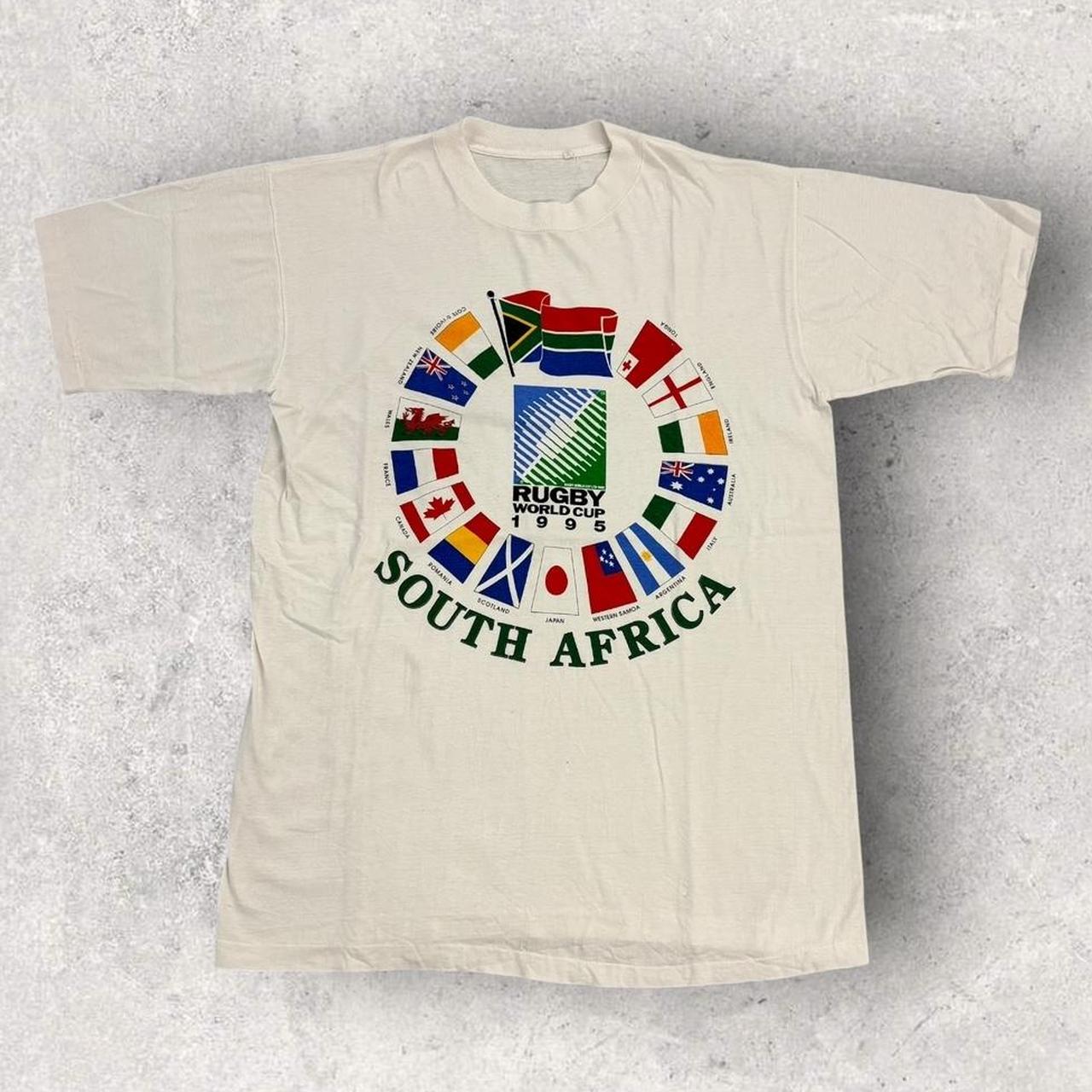 Vintage 90s Rugby World Cup tournament South Africa 1995 team flags graphic t-shirt