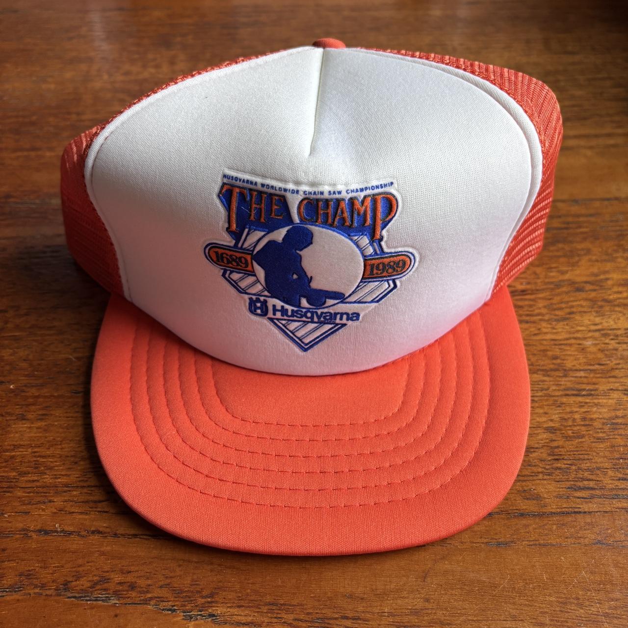 Vintage 80s chainsaw world championships Husqvarna Sweden graphic trucker cap