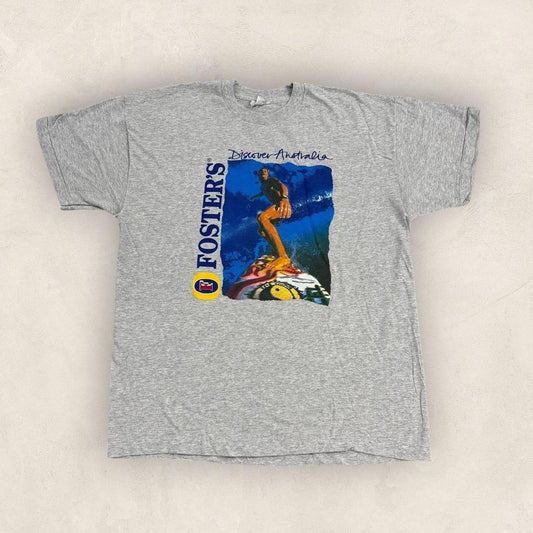 Vintage 90s Fosters beer discover Australia surfing graphic t-shirt