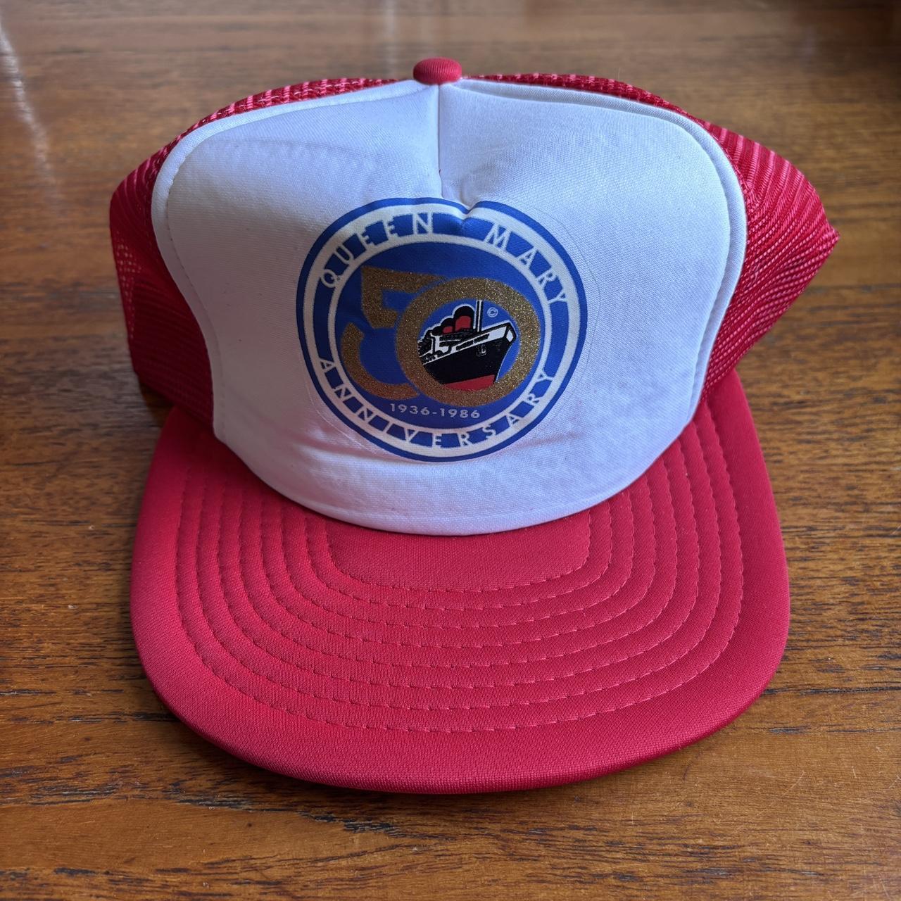Vintage 80s USA Queen Mary cruise ship 50th anniversary souvenir graphic trucker cap