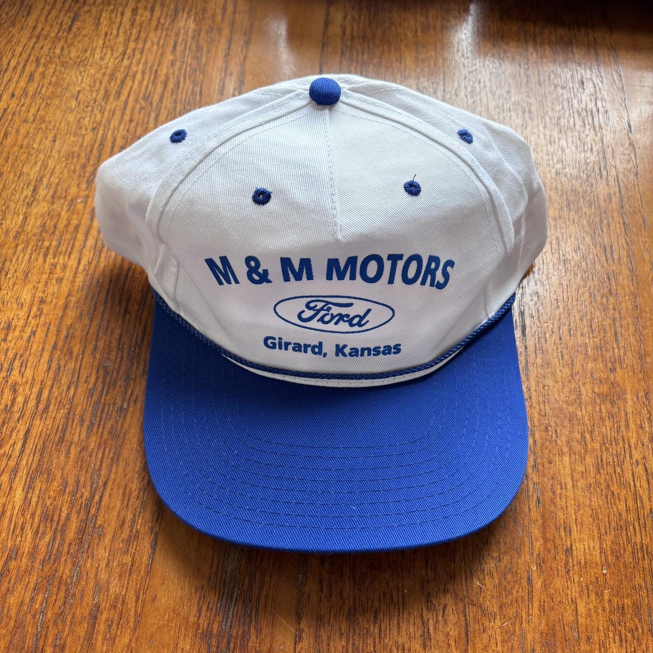 Vintage 90s USA M & M Motors Ford dealership Kansas graphic trucker cap