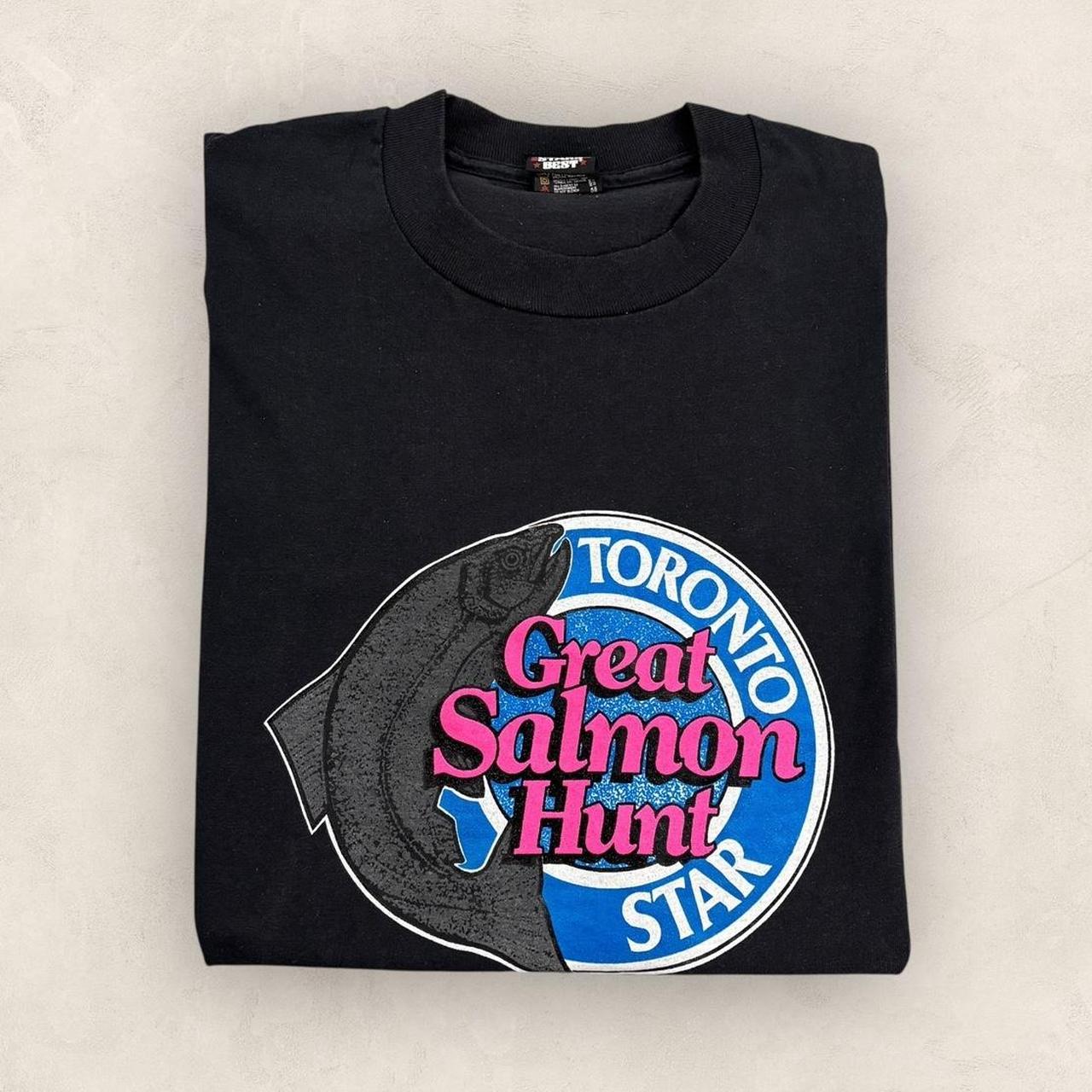 Vintage 90s Great salmon hunt Toronto Star Canada fishing graphic t-shirt