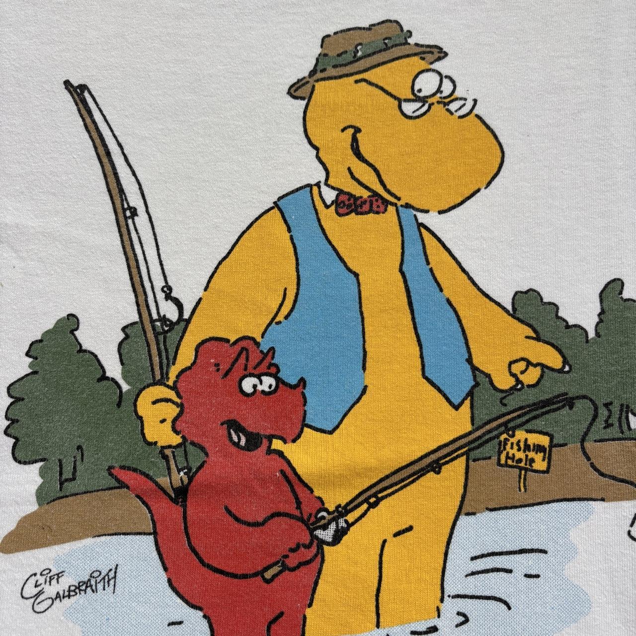Vintage 80s USA grandpasaurus dinosaur fishing cartoon t-shirt
