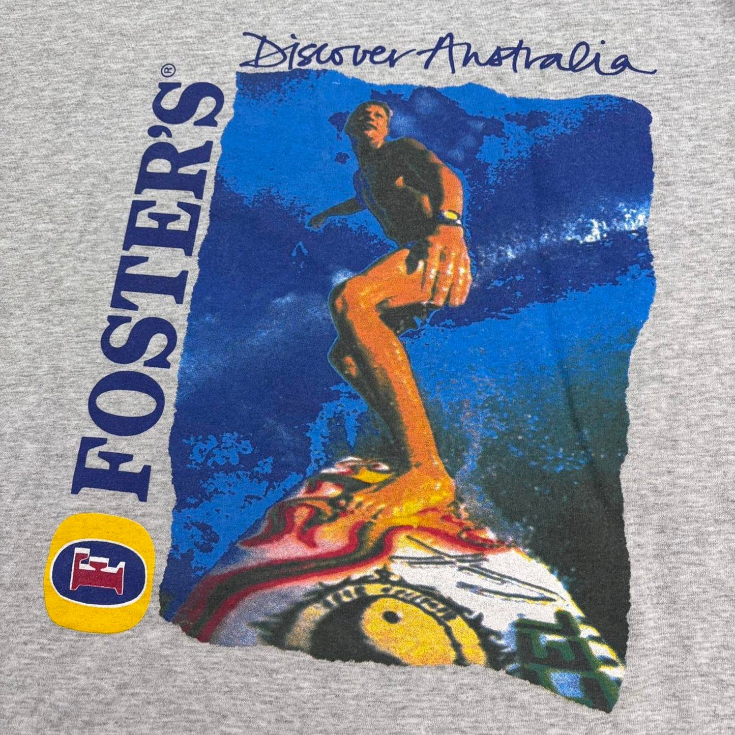 Vintage 90s Fosters beer discover Australia surfing graphic t-shirt