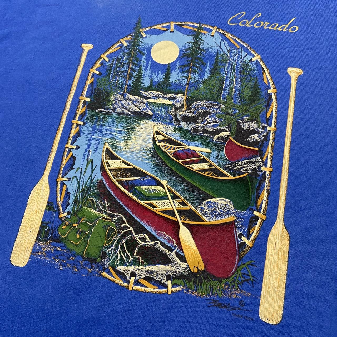 Vintage 90s USA Colorado wildlife nature canoeing graphic blue t-shirt