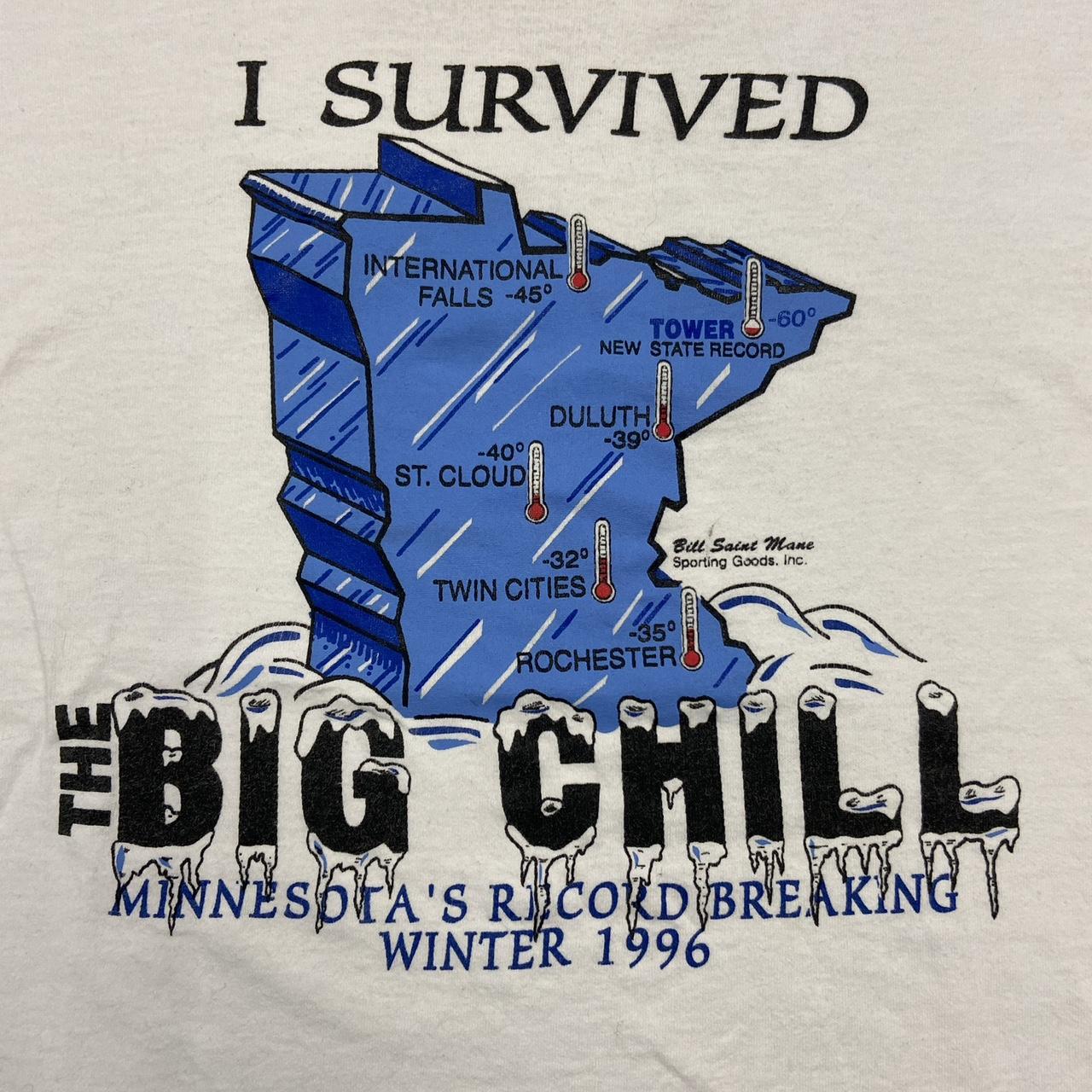 Vintage 90s USA ‘I survived the big chill’ Minnesota 96 graphic white t-shirt