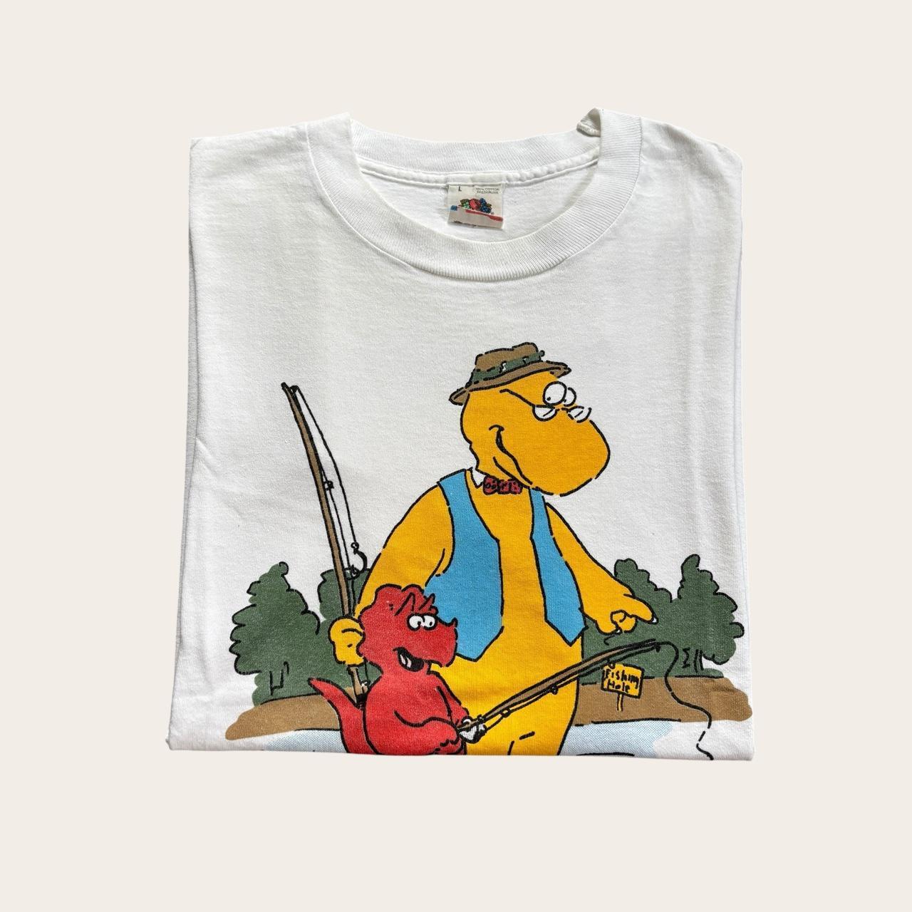 Vintage 80s USA grandpasaurus dinosaur fishing cartoon t-shirt