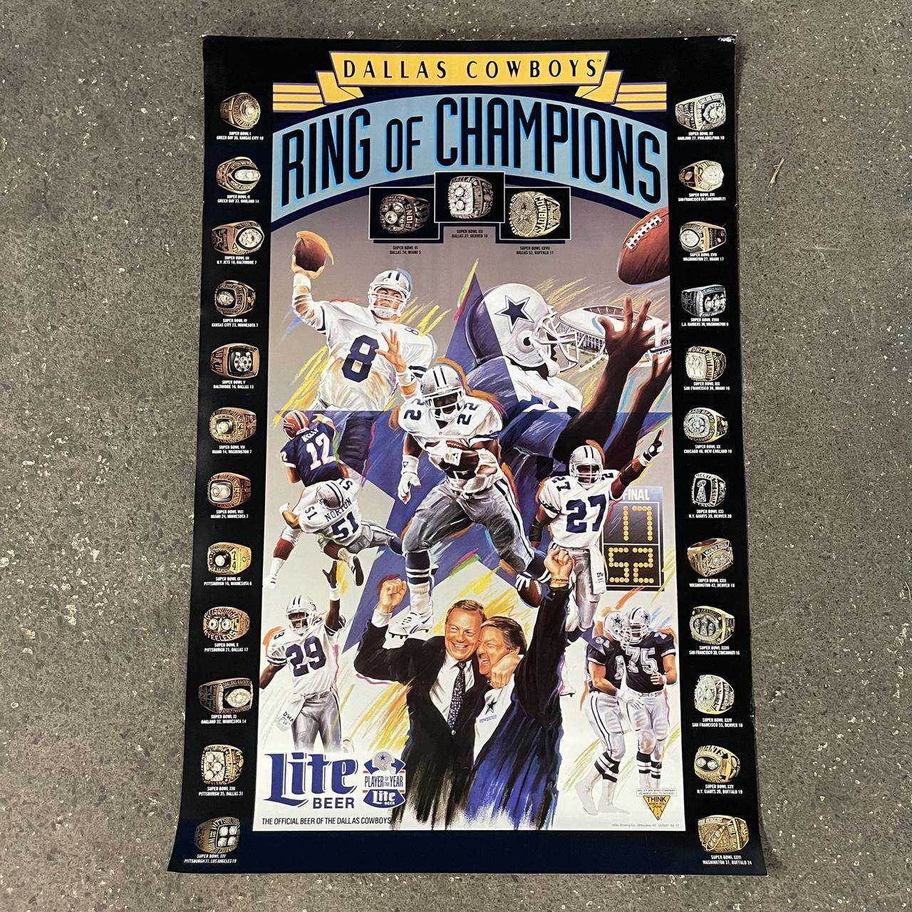 Vintage 90s USA Dallas Cowboys rings of champions NFL American Football Miller Lite beer original promotional sports poster