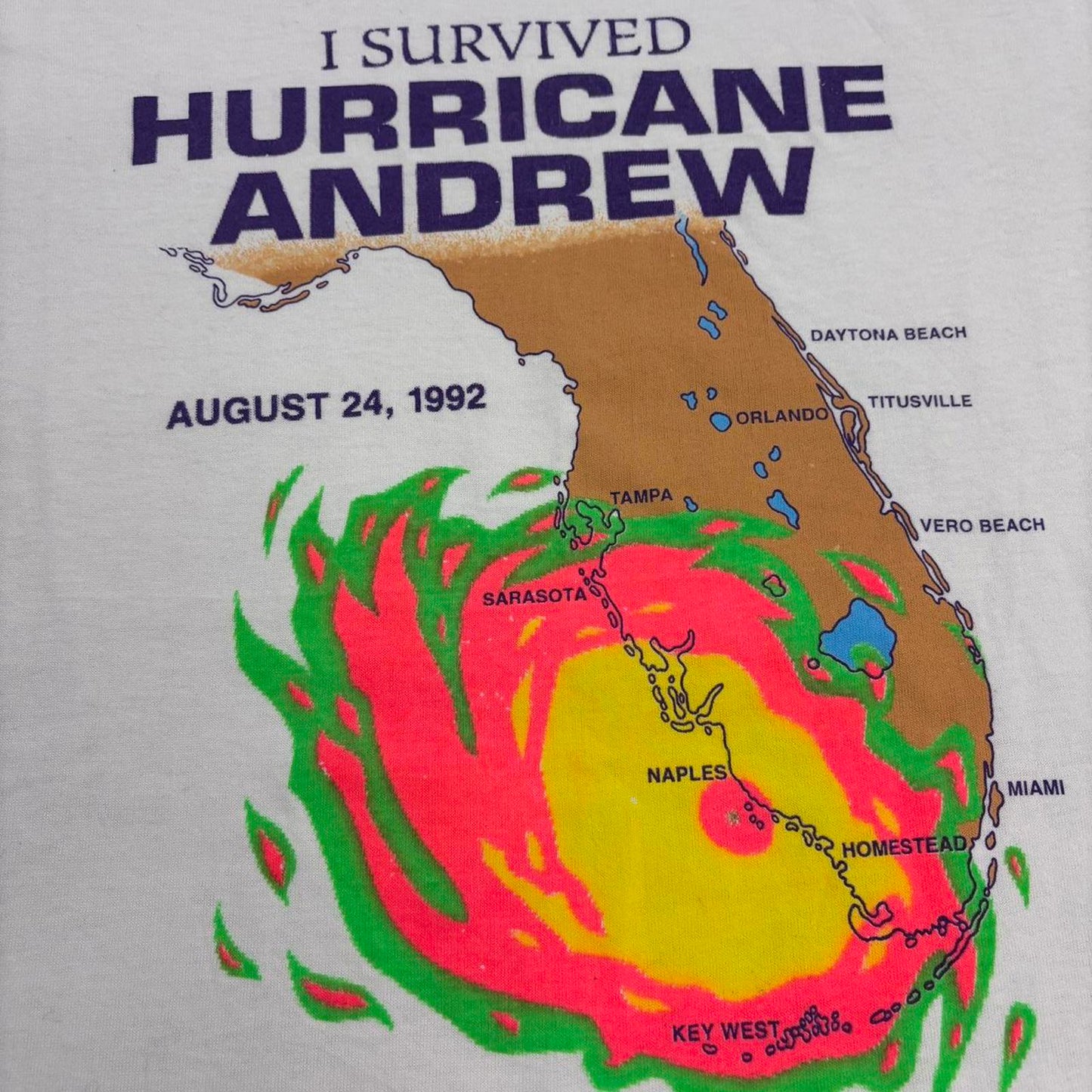 Vintage 90s USA I survived Hurricane Andrew natural disaster Florida t-shirt