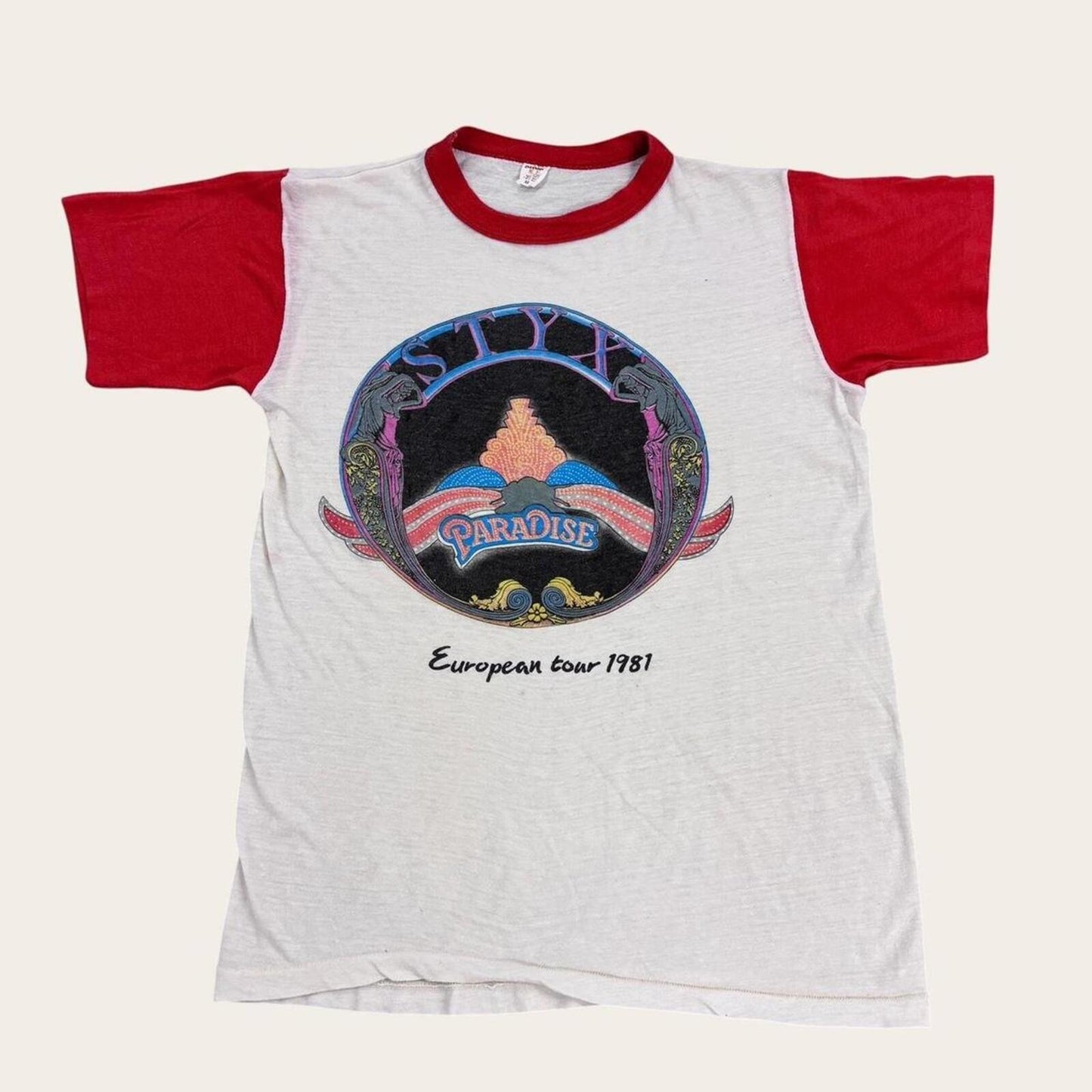 Vintage 80s Styx Paradise European Tour rock music ringer band t-shirt