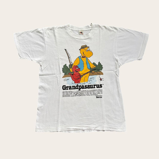 Vintage 80s USA grandpasaurus dinosaur fishing cartoon t-shirt