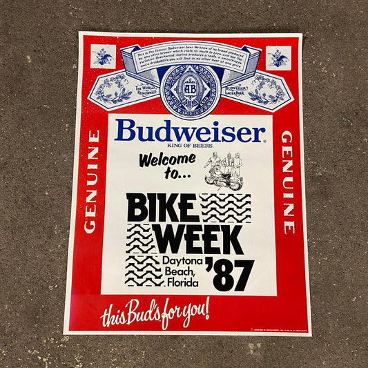 Vintage 80s USA Budweiser beer bike week Daytona Beach Florida motorbike original promotional poster