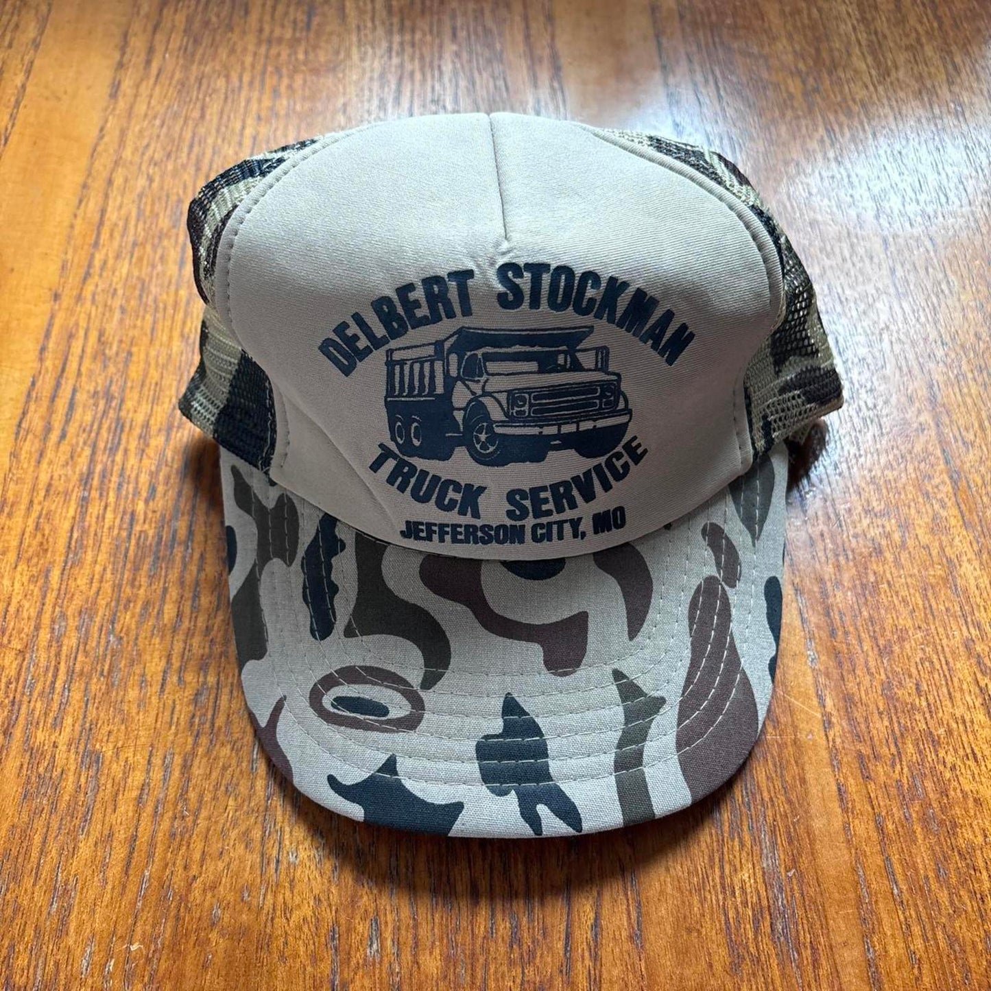 Vintage 90s USA Delbert Stockman trucks Missouri workwear camo trucker cap