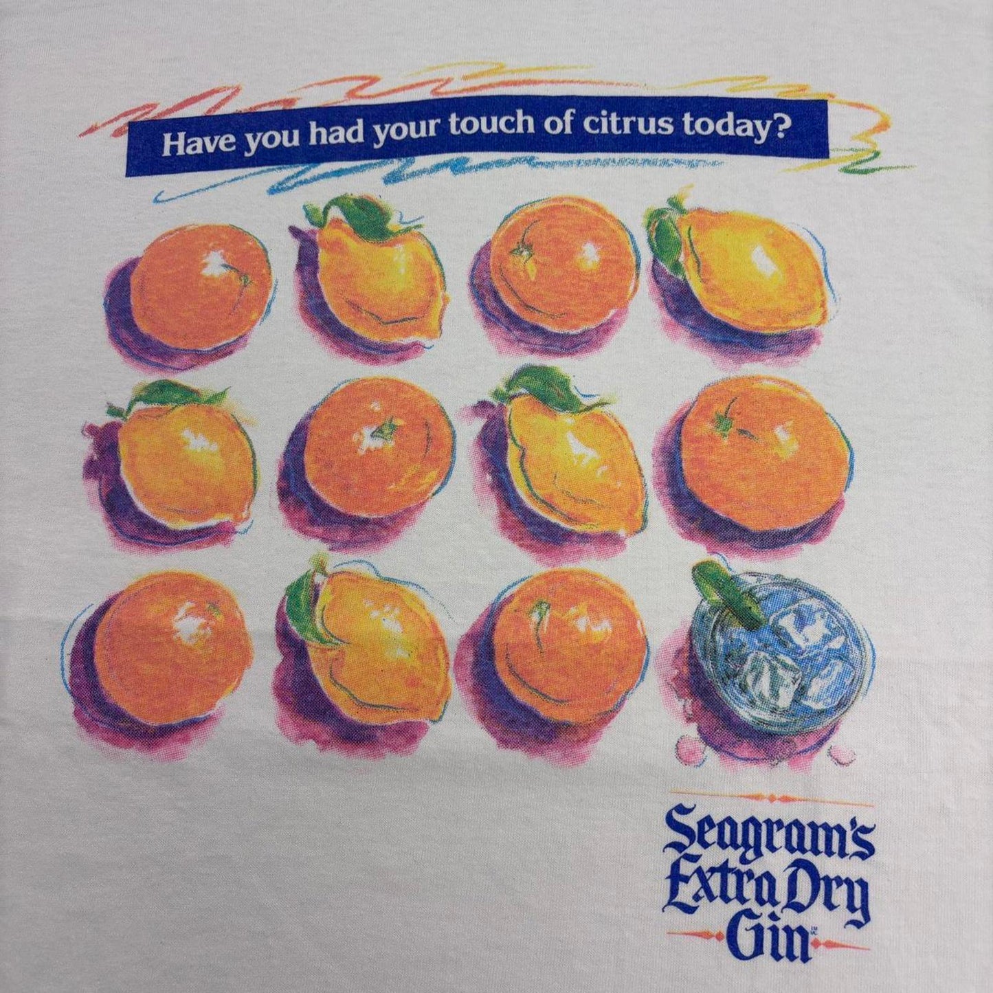 Vintage 90s Seagram’s gin alcohol citrus fruit promotional graphic t-shirt