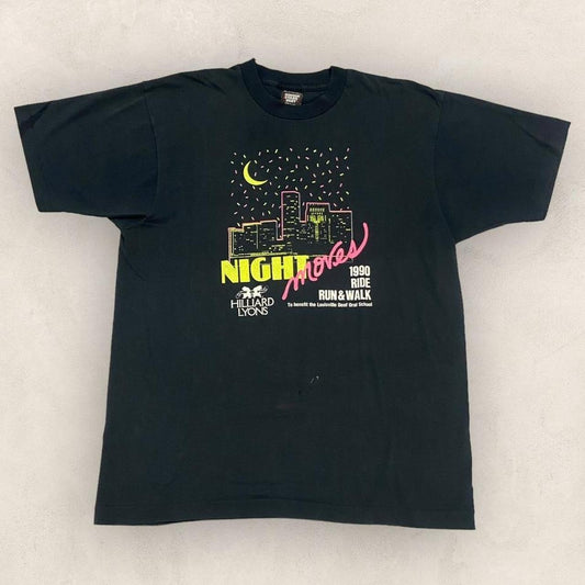 Vintage 90s USA Night moves Louisville ride run & walk city skyline graphic t-shirt