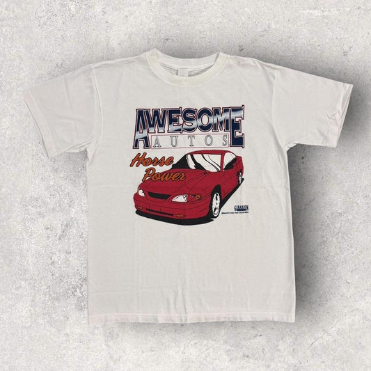 Vintage 90s USA Awesome autos horse power Rose City Michigan automobile graphic t-shirt