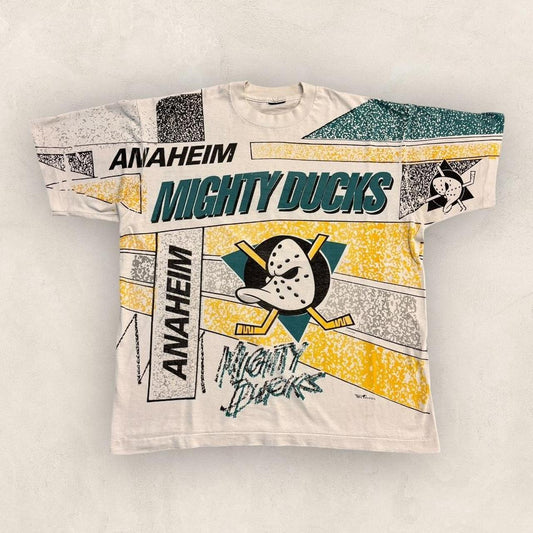 Vintage 90s USA Anaheim Mighty Ducks NHL ice hockey AOP graphic t-shirt