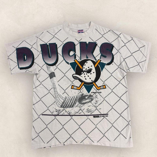 Vintage 90s USA Mighty Ducks Anaheim ducks NHL ice hockey AOP graphic t-shirt