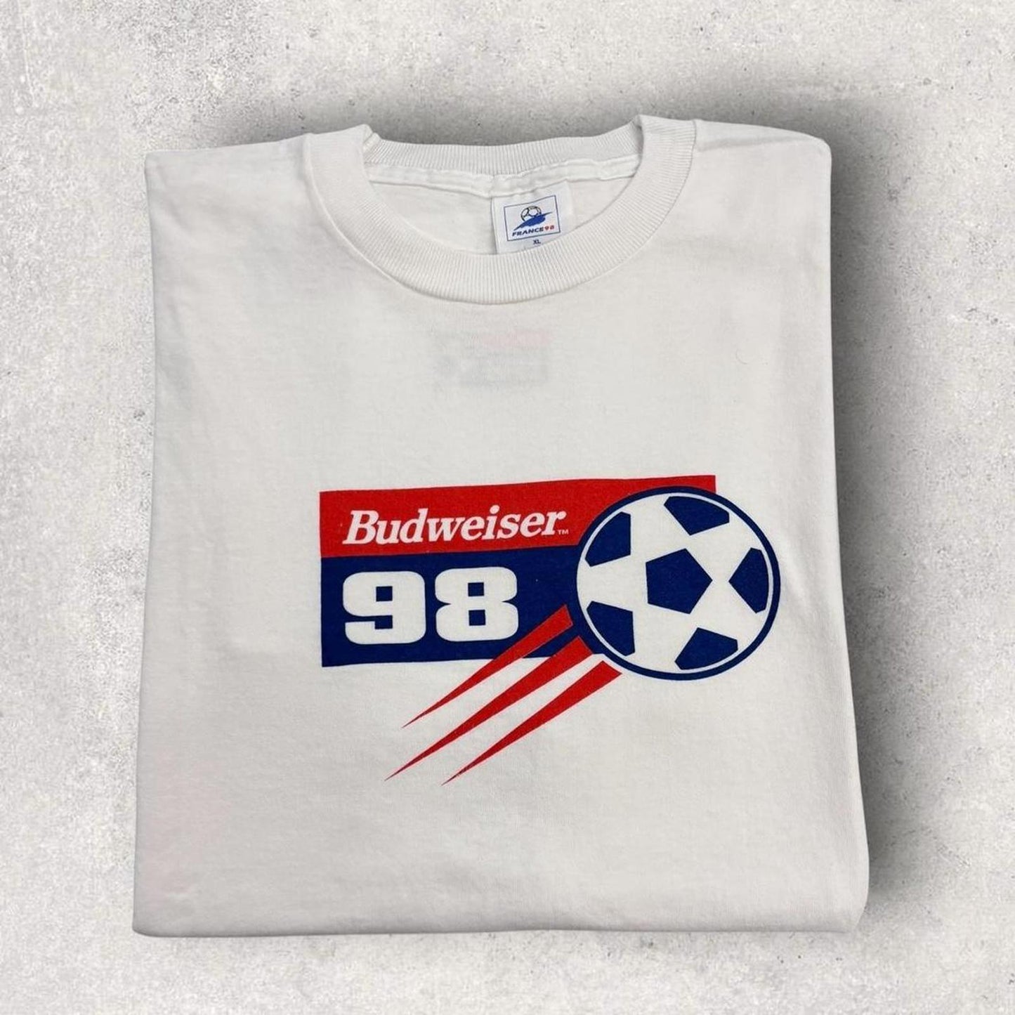 Vintage 90s Budweiser beer France 98 World Cup football tournament graphic t-shirt