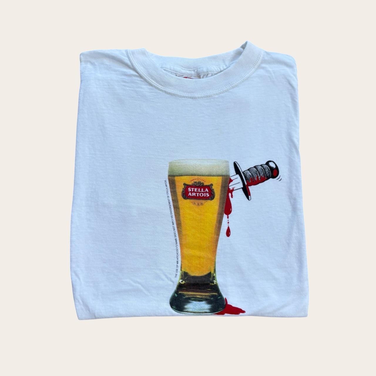 Vintage 90s Stella Artois beer Alfred Hitchcock Psycho parody movie t-shirt