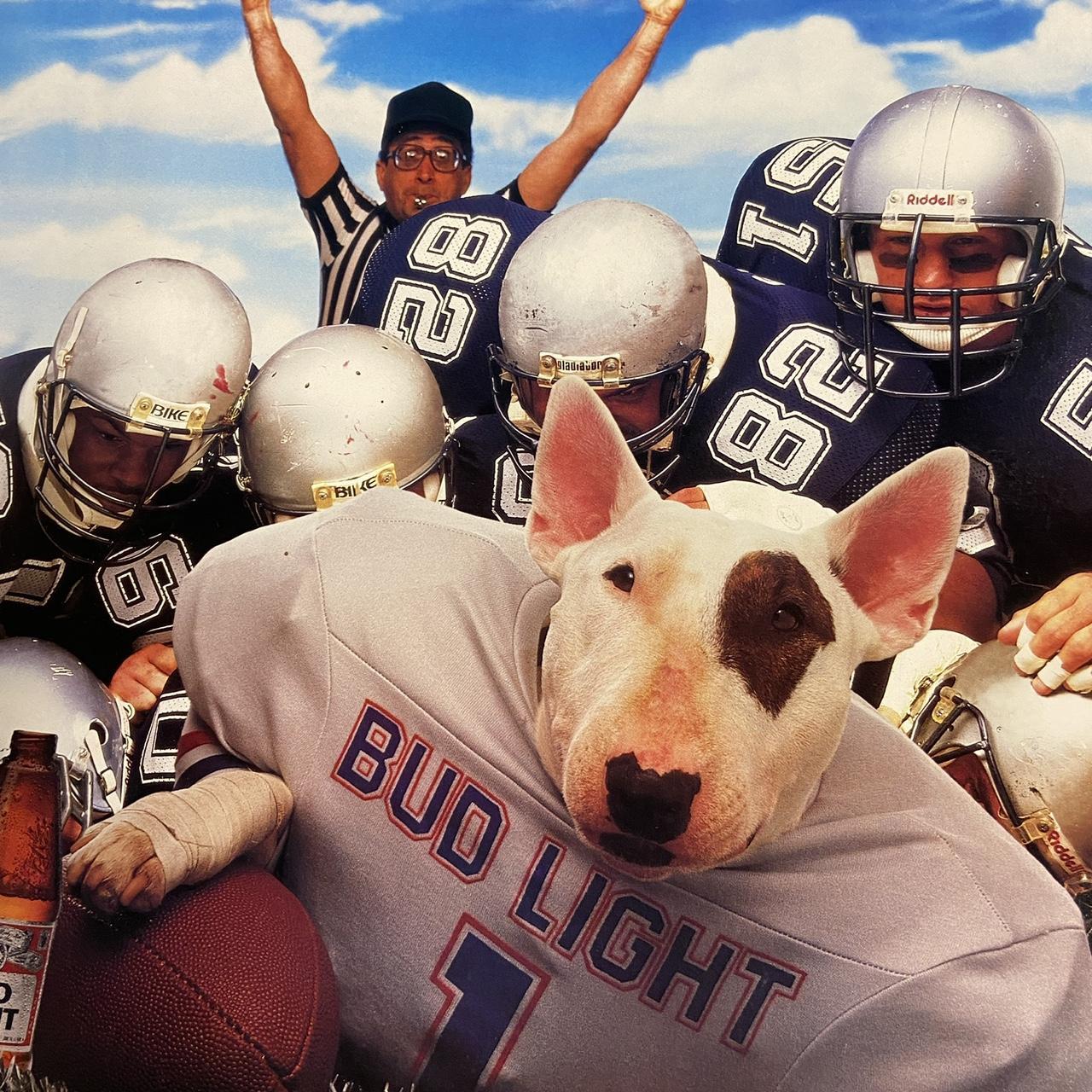 Vintage 80s USA print Budweiser beer Spuds Mackenzie dog NFL American Football promotional sports poster