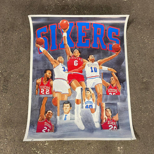 Vintage 80s USA Philadelphia 76ers NBA basketball Julius Erving Charles Barkley original promotional sports poster