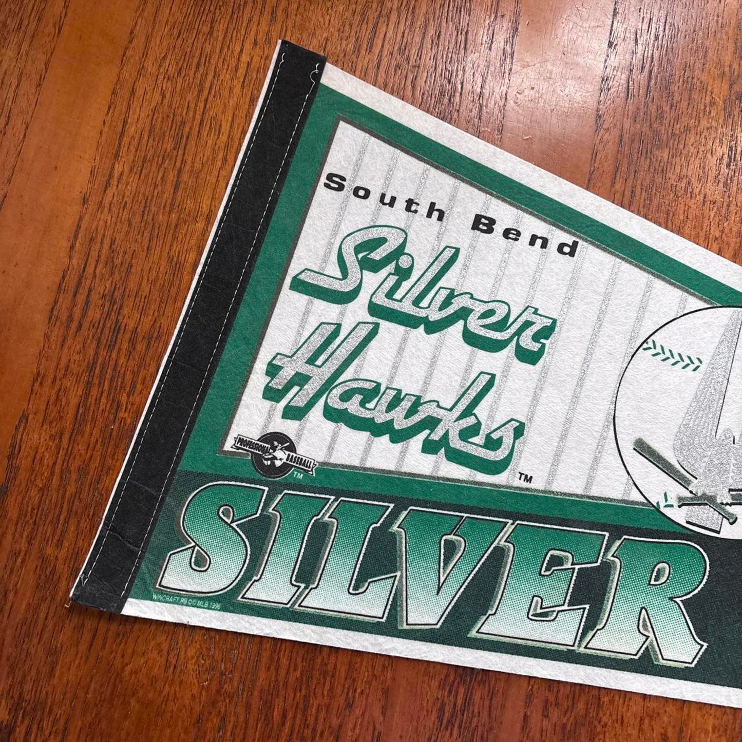 Vintage 90s USA South Bend Silver Hawks minor league baseball felt pennant
