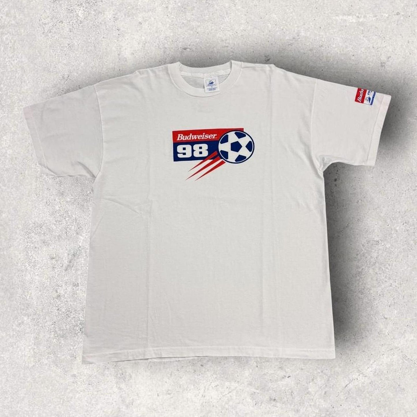 Vintage 90s Budweiser beer France 98 World Cup football tournament graphic t-shirt