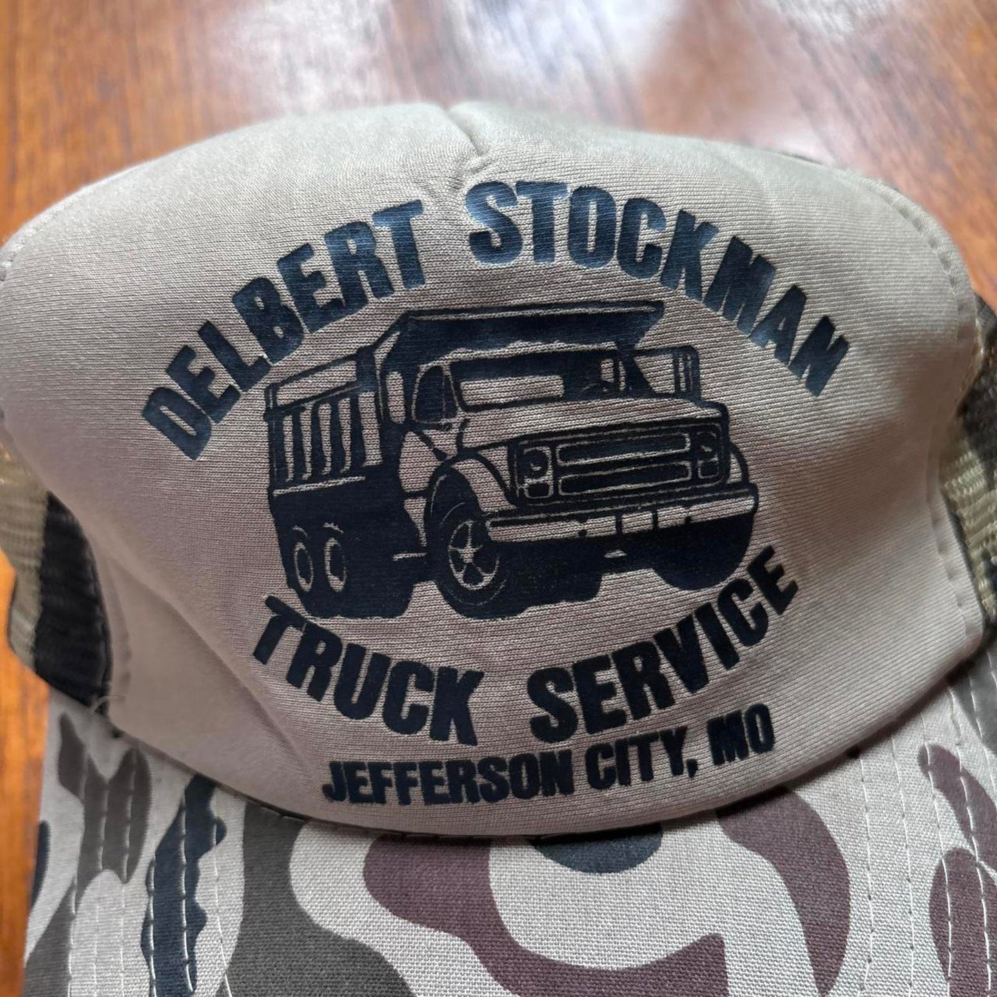 Vintage 90s USA Delbert Stockman trucks Missouri workwear camo trucker cap