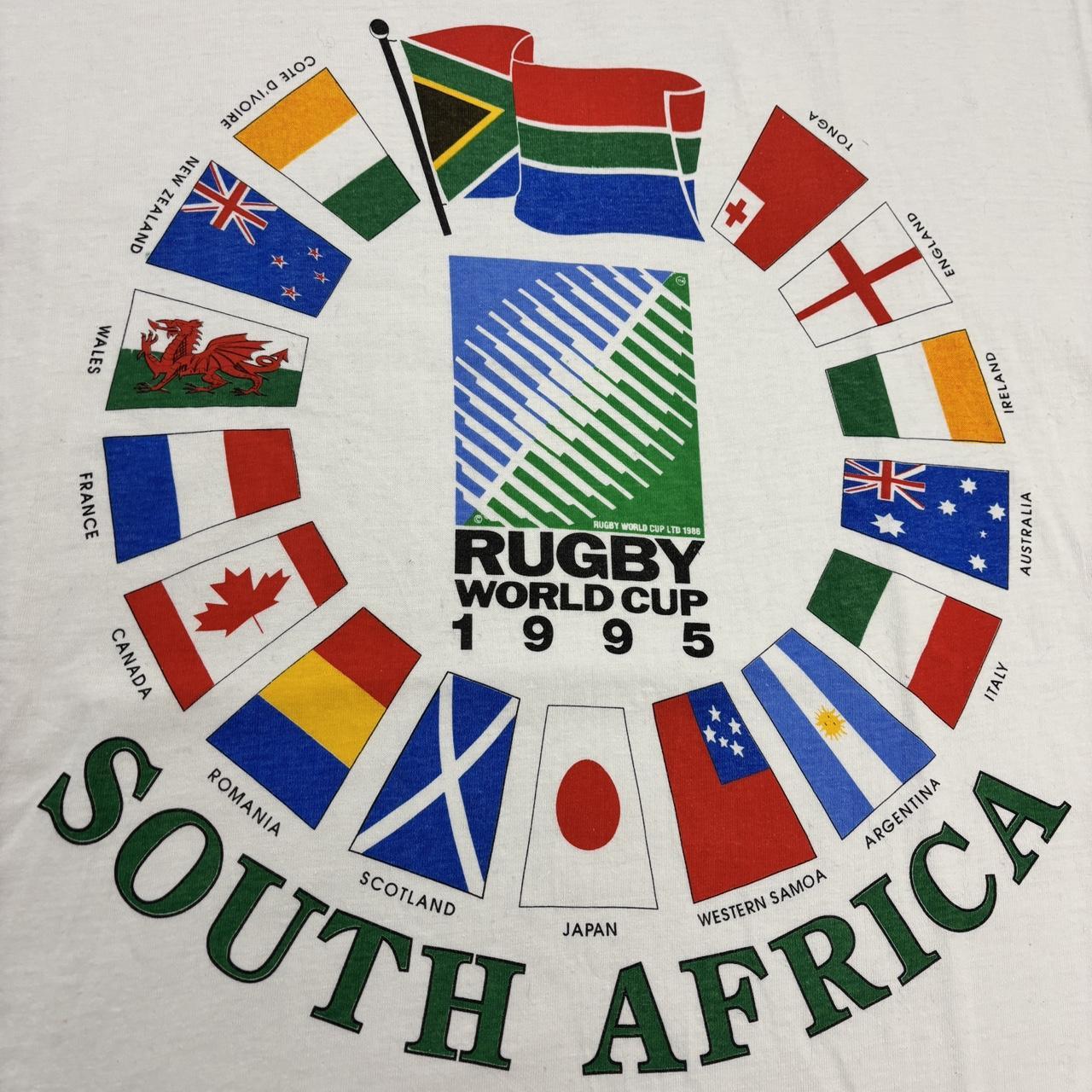 Vintage 90s Rugby World Cup tournament South Africa 1995 team flags graphic t-shirt