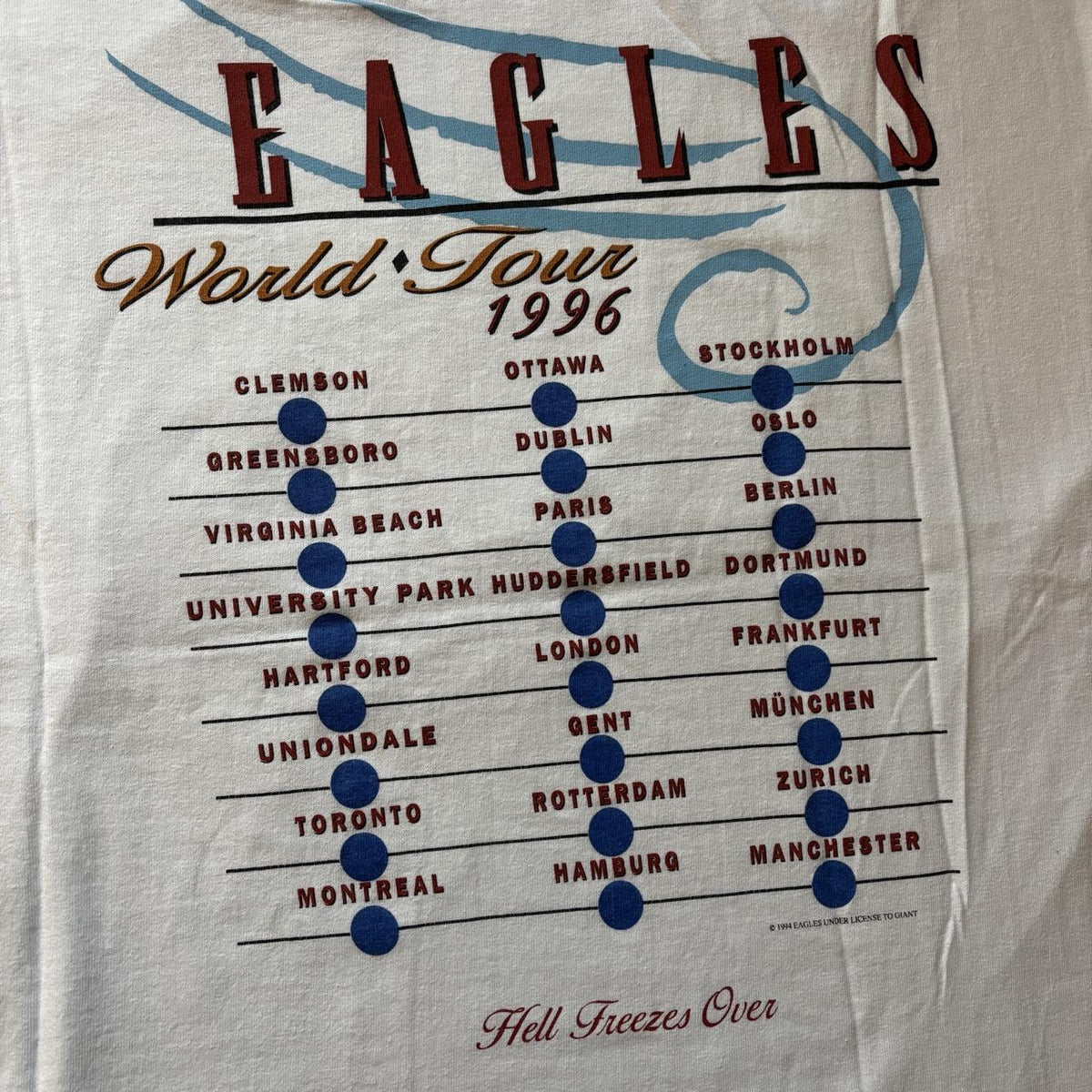 Vintage 90s USA Eagles hell freezes over world tour 96 concert rock band t-shirt