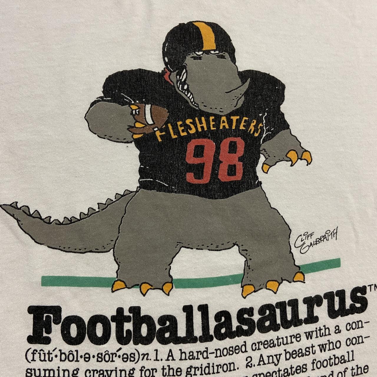 Vintage 80s USA Footballasaurus dinosaur American football Cliff Galbraith cartoon graphic t-shirt