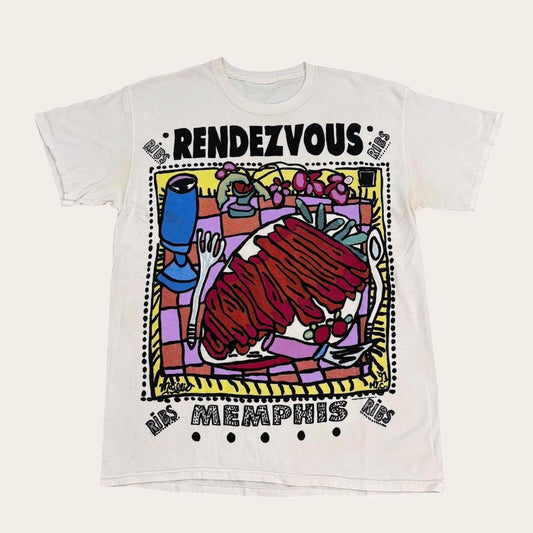Vintage 90s USA Rendezvous Memphis ribs barbecue artwork souvenir t-shirt