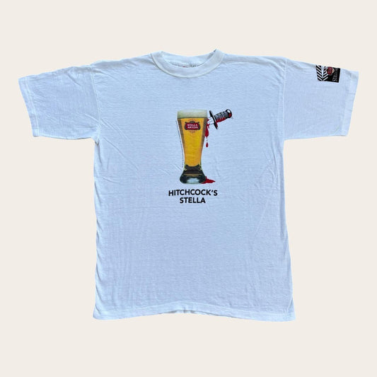 Vintage 90s Stella Artois beer Alfred Hitchcock Psycho parody movie t-shirt