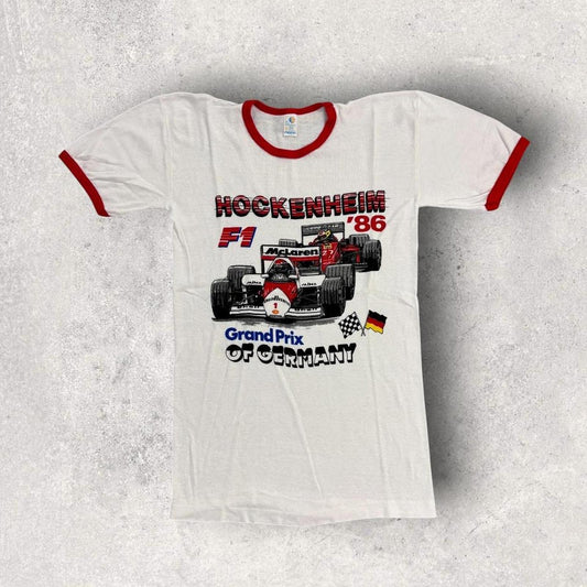 Vintage 80s Formula One Hockenheim Grand Prix Germany motor sport ringer t-shirt