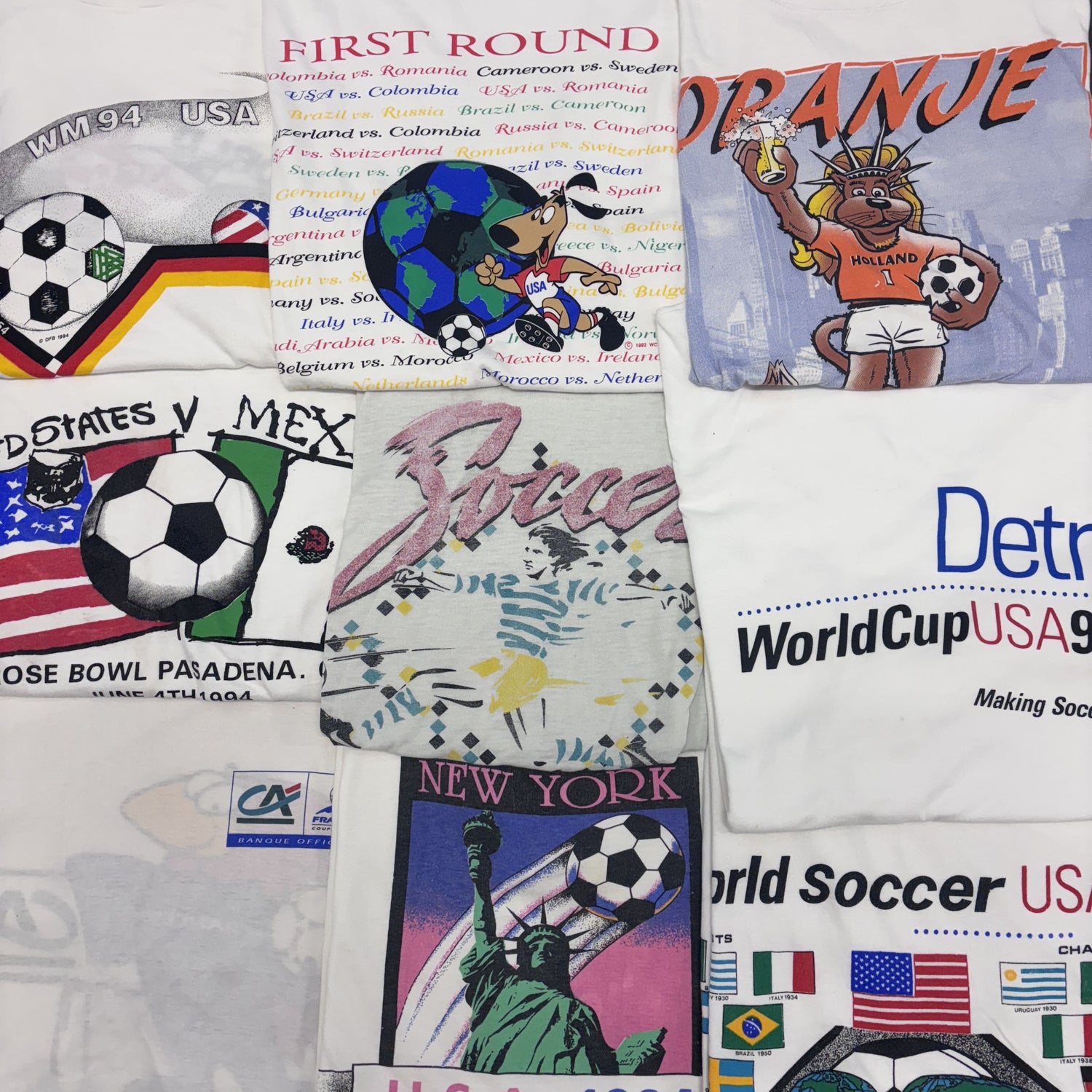 Collection of World Cup-themed t-shirts with various graphics and text.