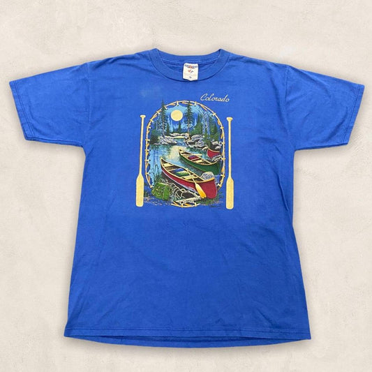 Vintage 90s USA Colorado wildlife nature canoeing graphic blue t-shirt