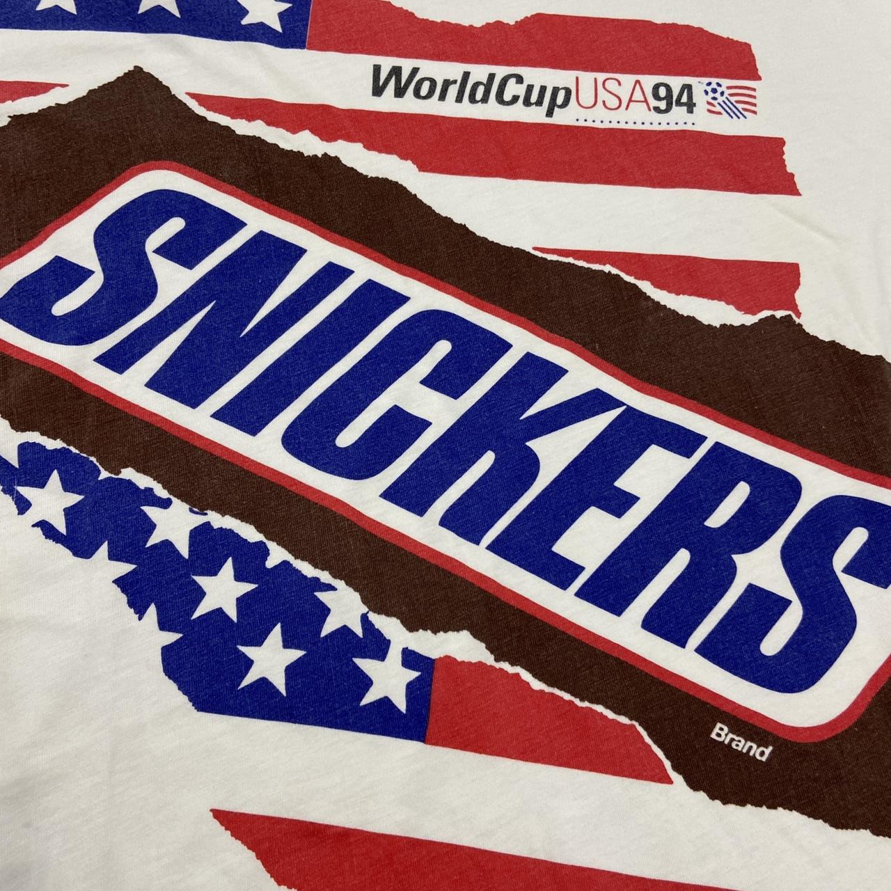 Vintage 90s USA World Cup snickers promotional graphic white t-shirt