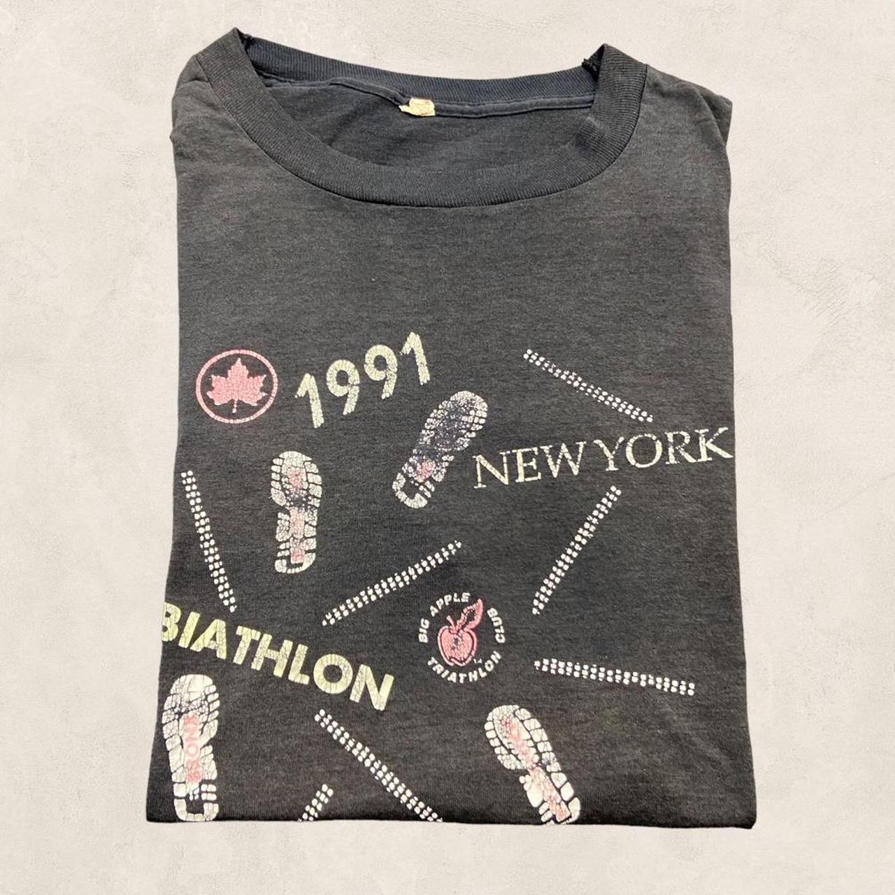 Vintage 90s USA New York biathlon series 1991 bronz bicycle Center promotional graphic t-shirt