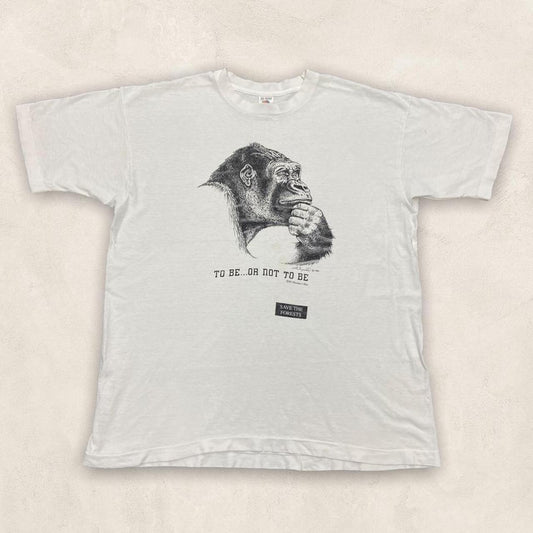 Vintage 90s USA gorilla human-I-tees save the forests ‘to be or not to be’ graphic white t-shirt