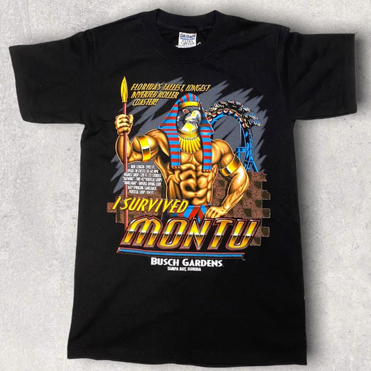 Vintage 90s USA Montu Busch Gardens Theme Park Florida Black T-Shirt