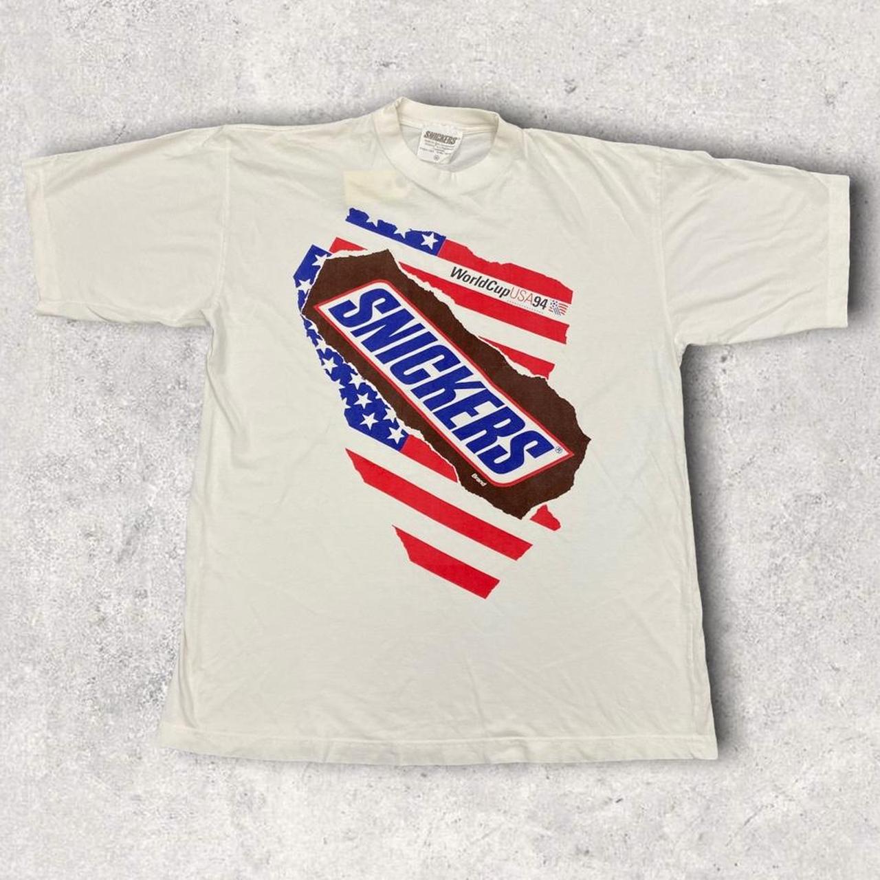 Vintage 90s USA World Cup snickers promotional graphic white t-shirt