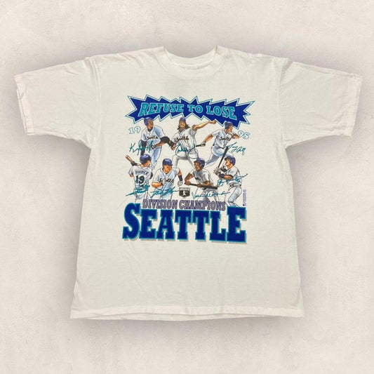 Vintage 90s USA Seattle Mariners Baseball MLB division champions promotional graphic t-shirt