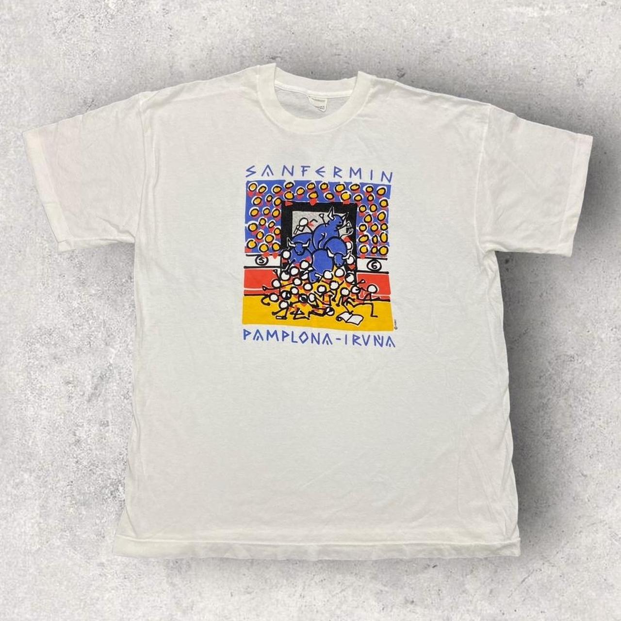 Vintage 90s San Fermin festival Pamplona bull run Spain promotional graphic t-shirt