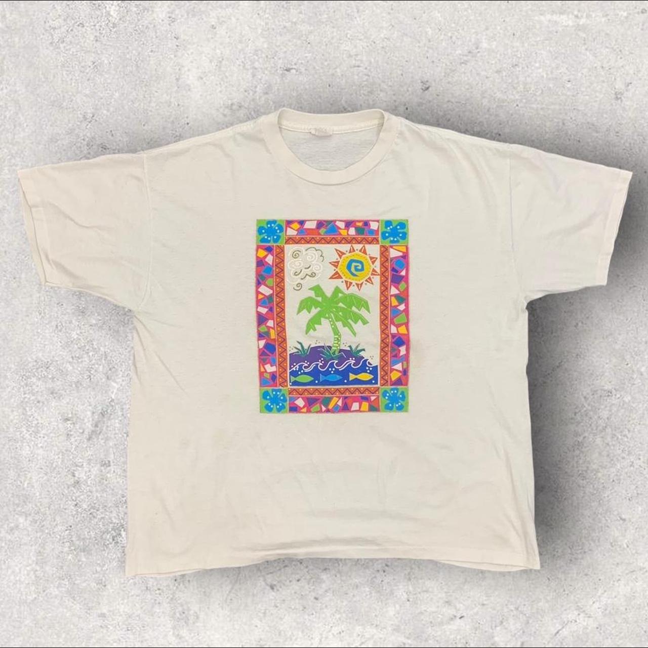 Vintage 90s USA tropical island palm tree fishing artwork promotional graphic t-shirt