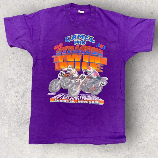 Vintage 90s USA camel pro Syracuse New York twin mile motorbike promotional graphic t-shirt