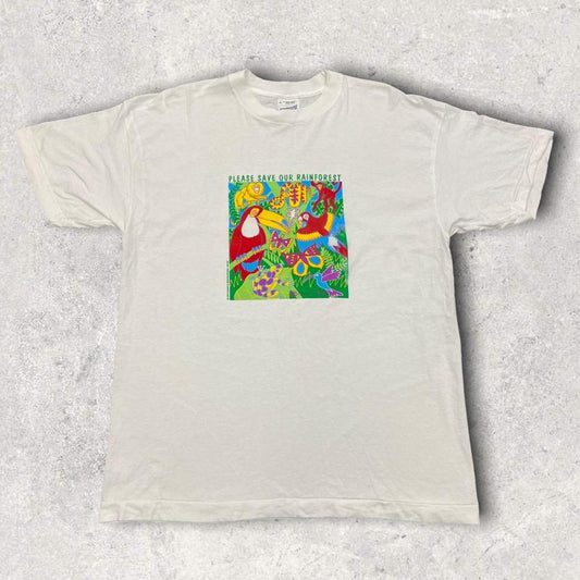 Vintage 90s USA ‘please save our rainforest’ nature wildlife graphic white t-shirt