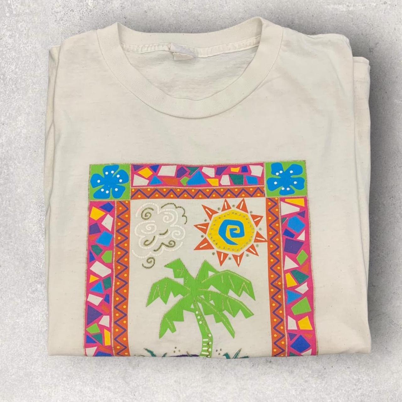 Vintage 90s USA tropical island palm tree fishing artwork promotional graphic t-shirt